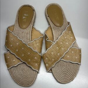 J Crew Sandals  Slides Slip On Shoes Scalloped Polka Dot Raffia Tan White Size 9